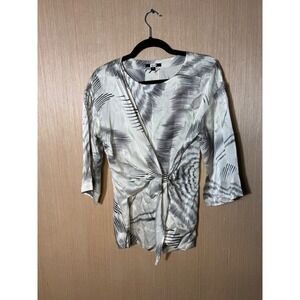 Kal Rieman Womens Black White Abstract Tie Front Wrap Top Small 3/4 Sleeve